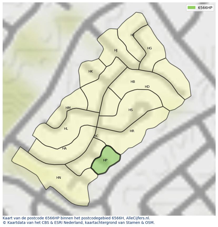 Afbeelding van het postcodegebied 6566 HP op de kaart.
