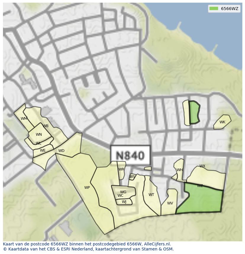 Afbeelding van het postcodegebied 6566 WZ op de kaart.