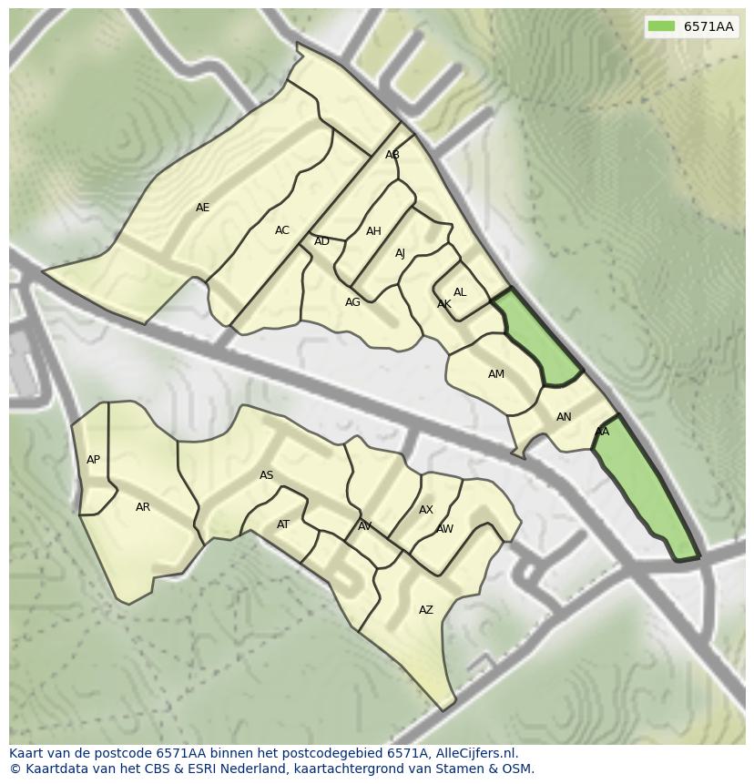 Afbeelding van het postcodegebied 6571 AA op de kaart.