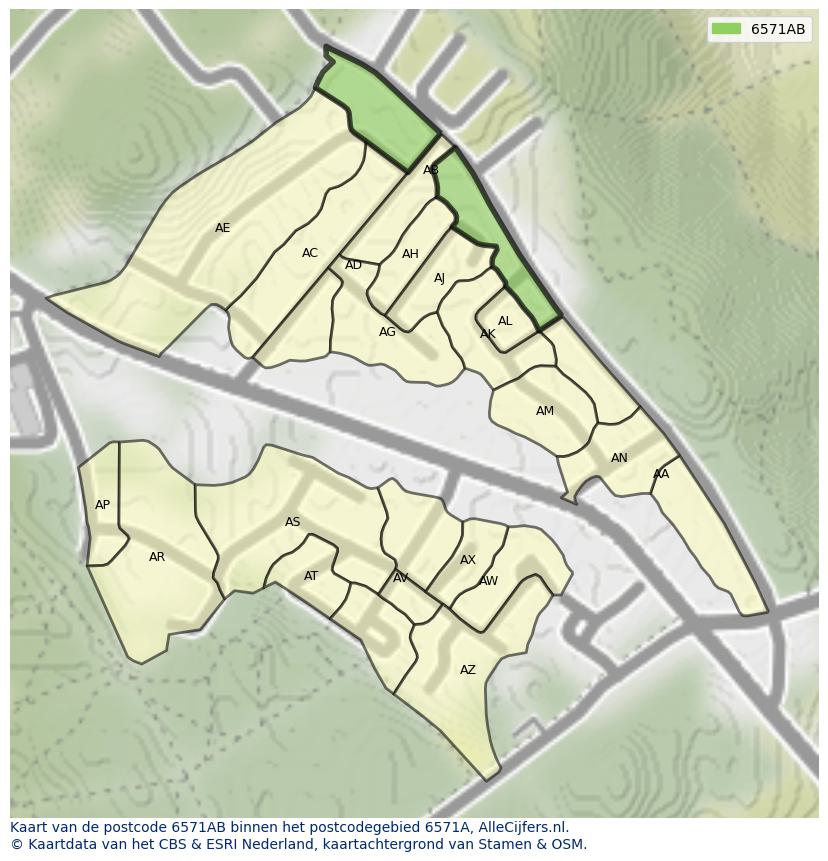 Afbeelding van het postcodegebied 6571 AB op de kaart.