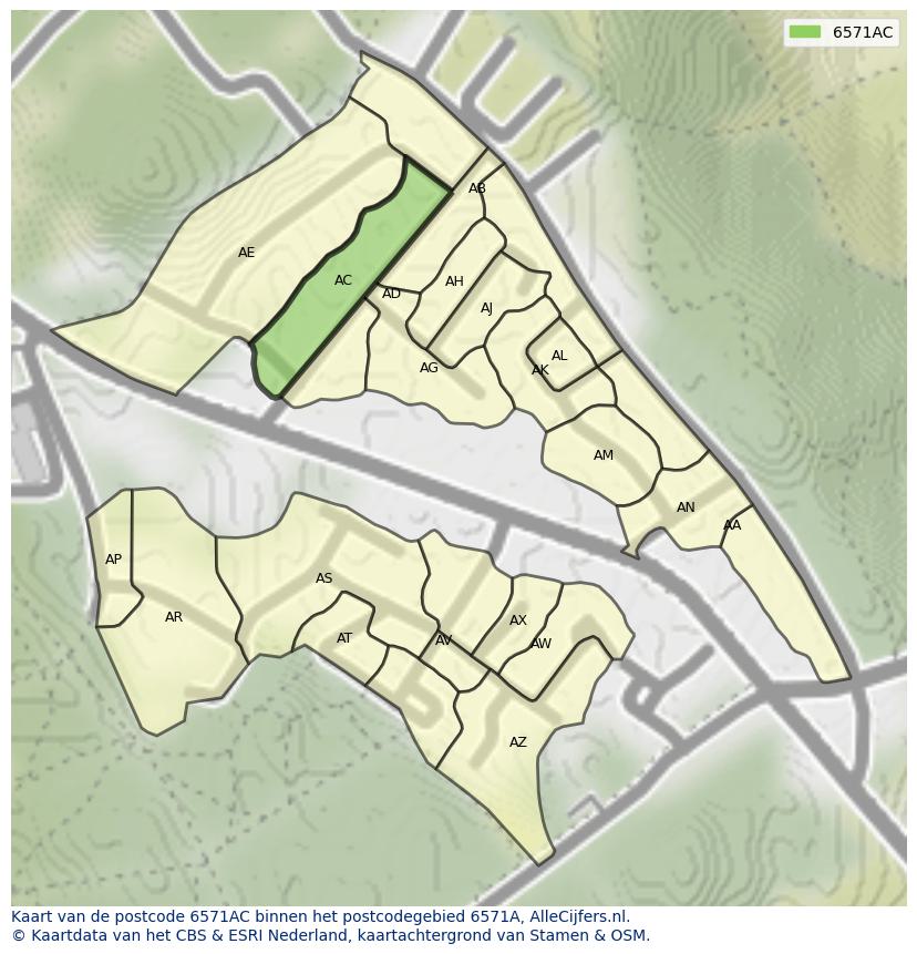 Afbeelding van het postcodegebied 6571 AC op de kaart.