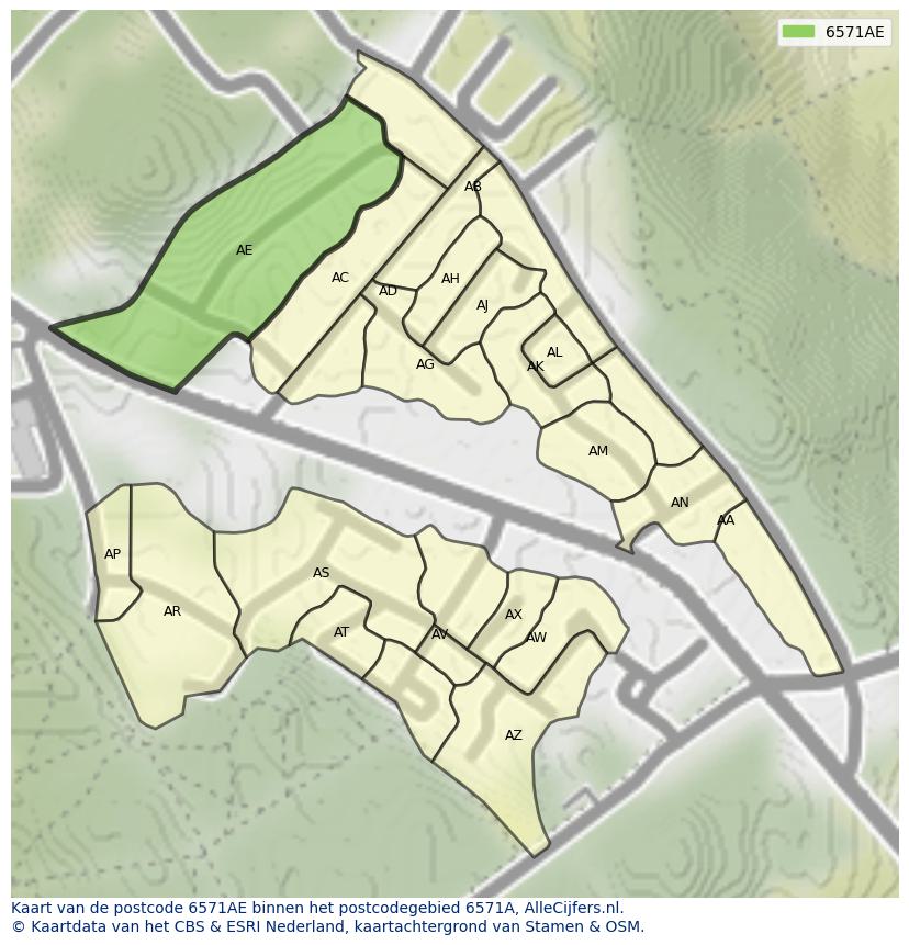 Afbeelding van het postcodegebied 6571 AE op de kaart.