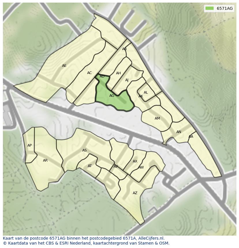 Afbeelding van het postcodegebied 6571 AG op de kaart.