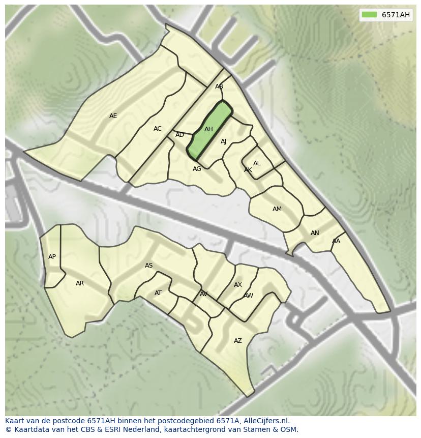 Afbeelding van het postcodegebied 6571 AH op de kaart.