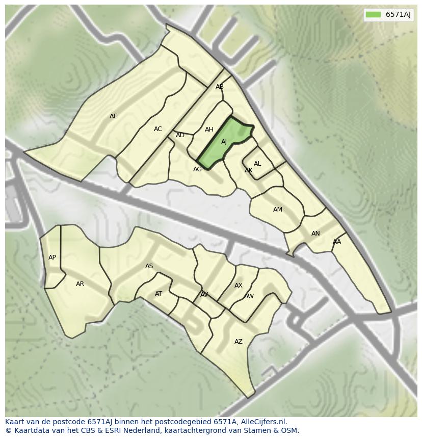Afbeelding van het postcodegebied 6571 AJ op de kaart.
