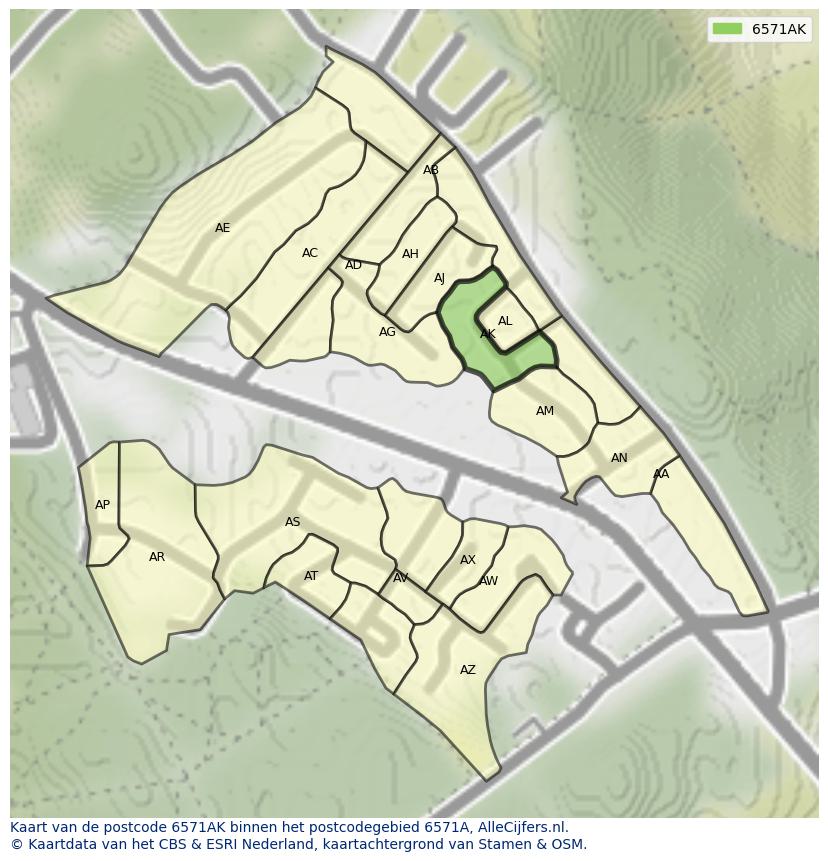Afbeelding van het postcodegebied 6571 AK op de kaart.