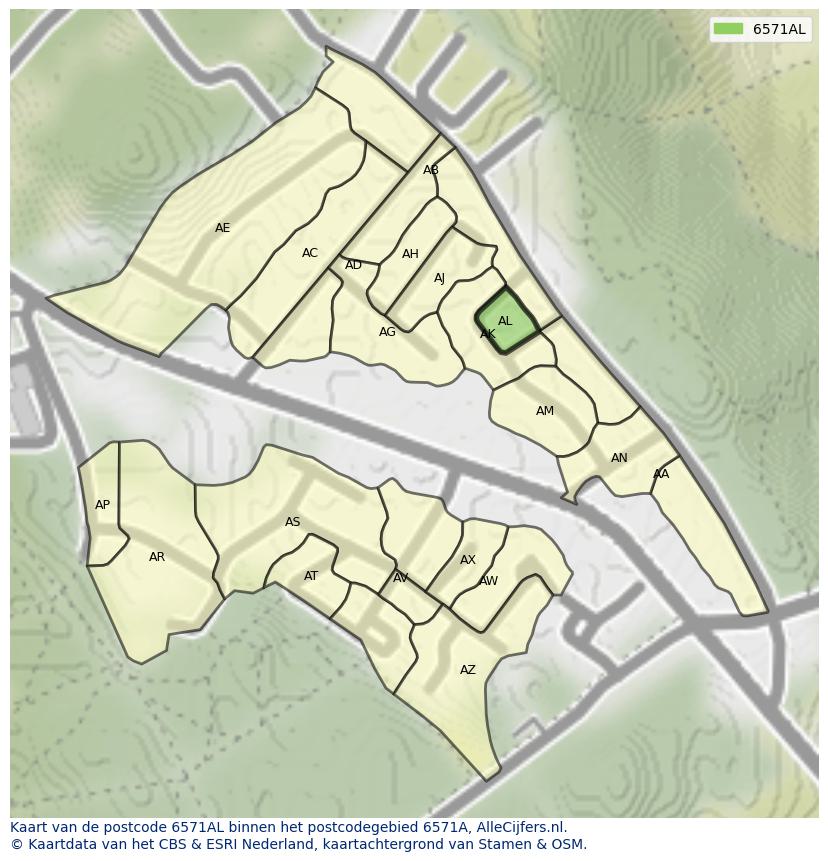 Afbeelding van het postcodegebied 6571 AL op de kaart.