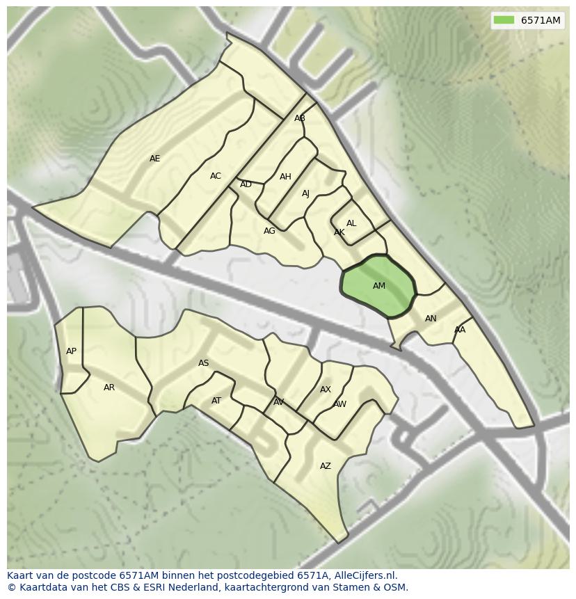 Afbeelding van het postcodegebied 6571 AM op de kaart.