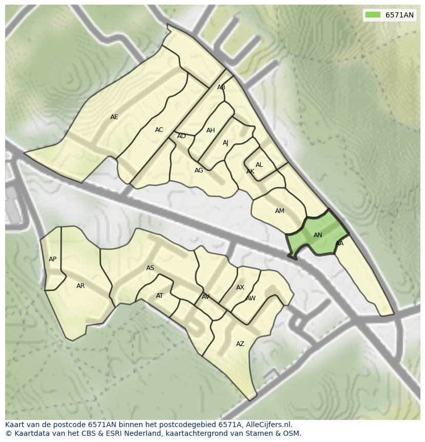 Afbeelding van het postcodegebied 6571 AN op de kaart.