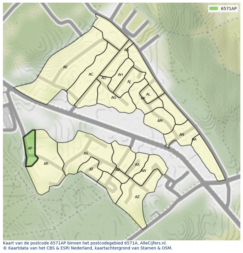 Afbeelding van het postcodegebied 6571 AP op de kaart.