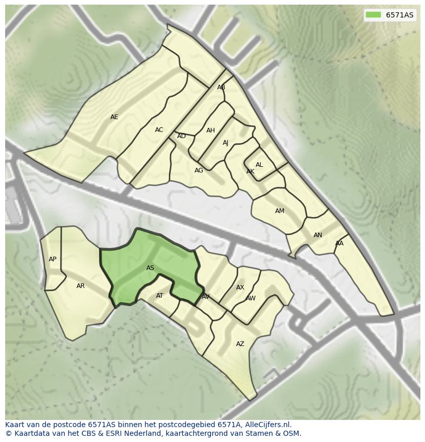 Afbeelding van het postcodegebied 6571 AS op de kaart.