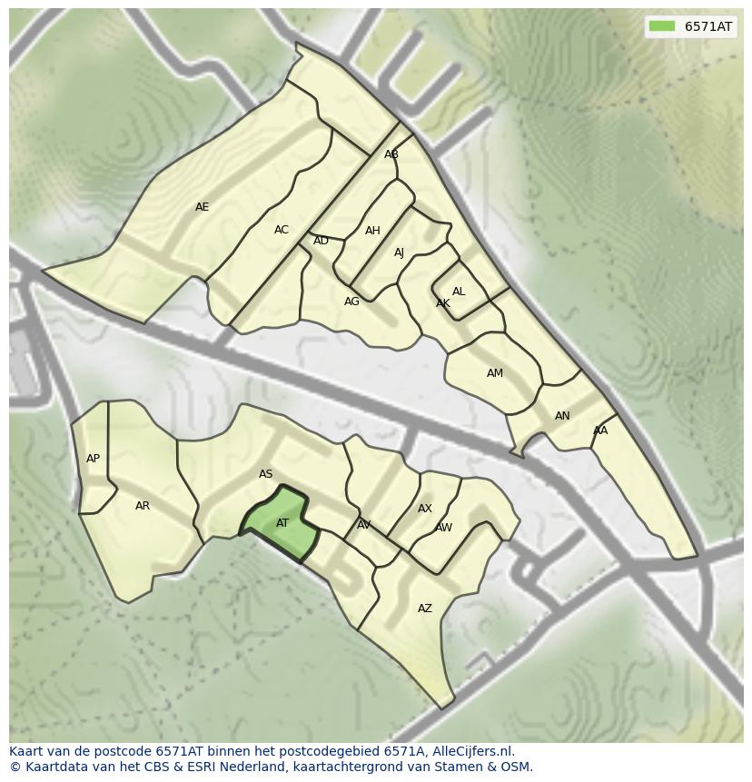 Afbeelding van het postcodegebied 6571 AT op de kaart.