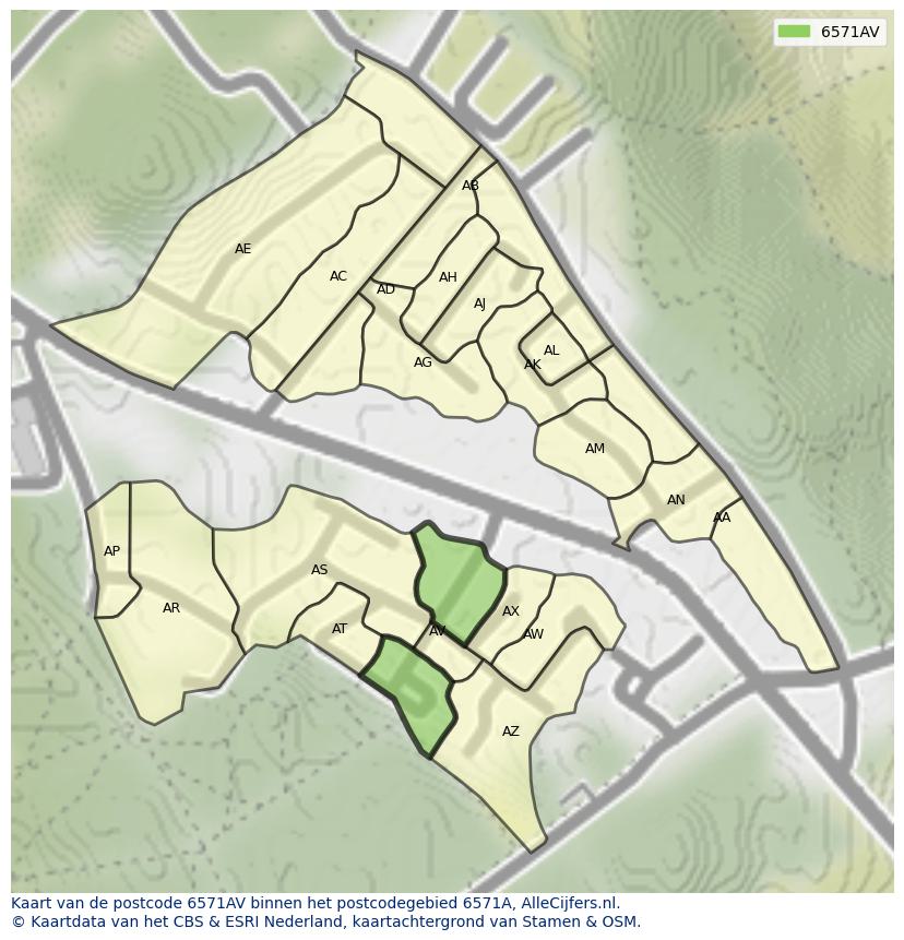 Afbeelding van het postcodegebied 6571 AV op de kaart.