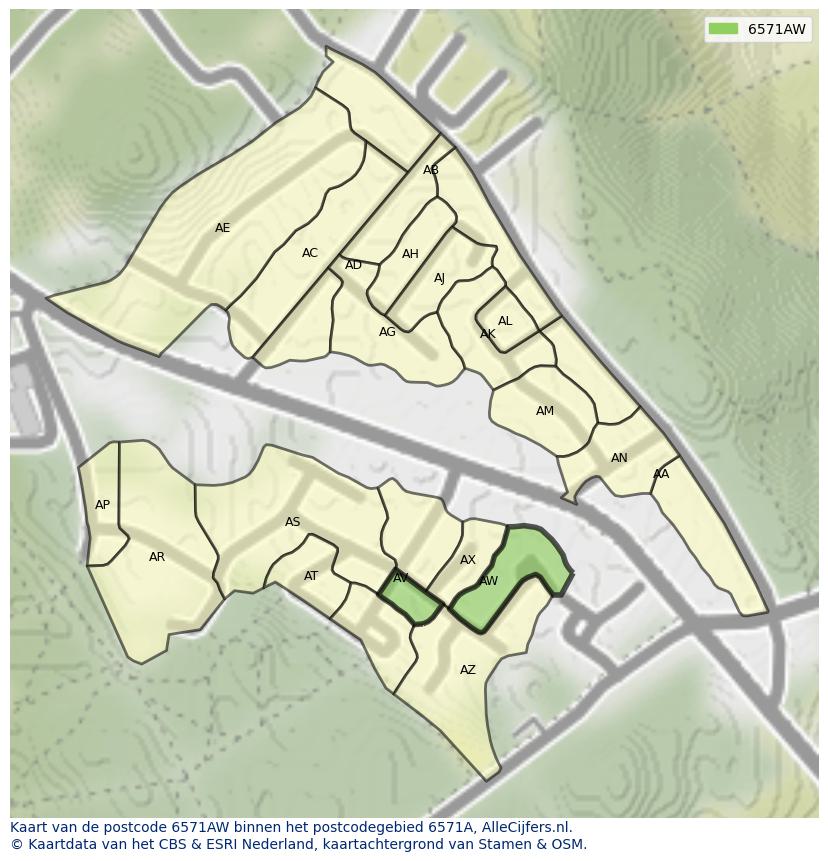 Afbeelding van het postcodegebied 6571 AW op de kaart.