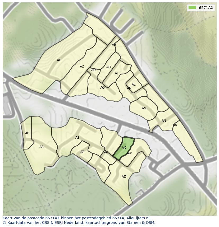 Afbeelding van het postcodegebied 6571 AX op de kaart.