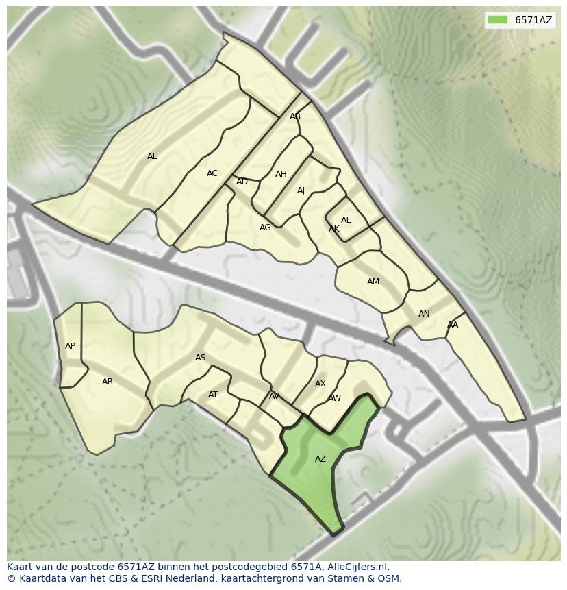 Afbeelding van het postcodegebied 6571 AZ op de kaart.
