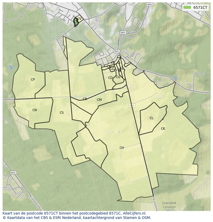 Afbeelding van het postcodegebied 6571 CT op de kaart.