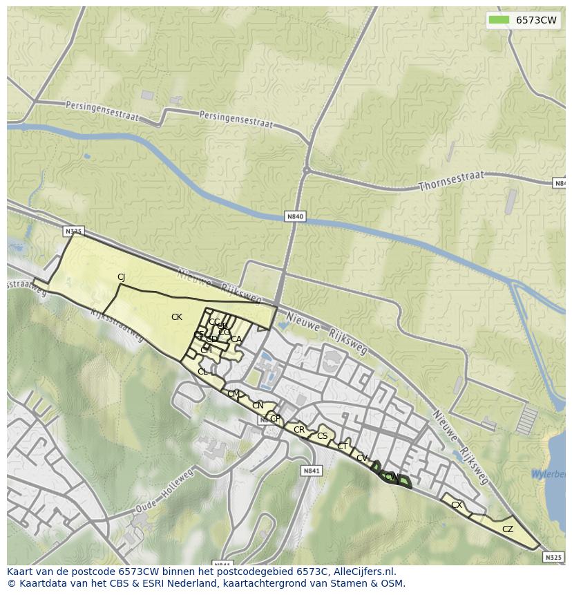 Afbeelding van het postcodegebied 6573 CW op de kaart.