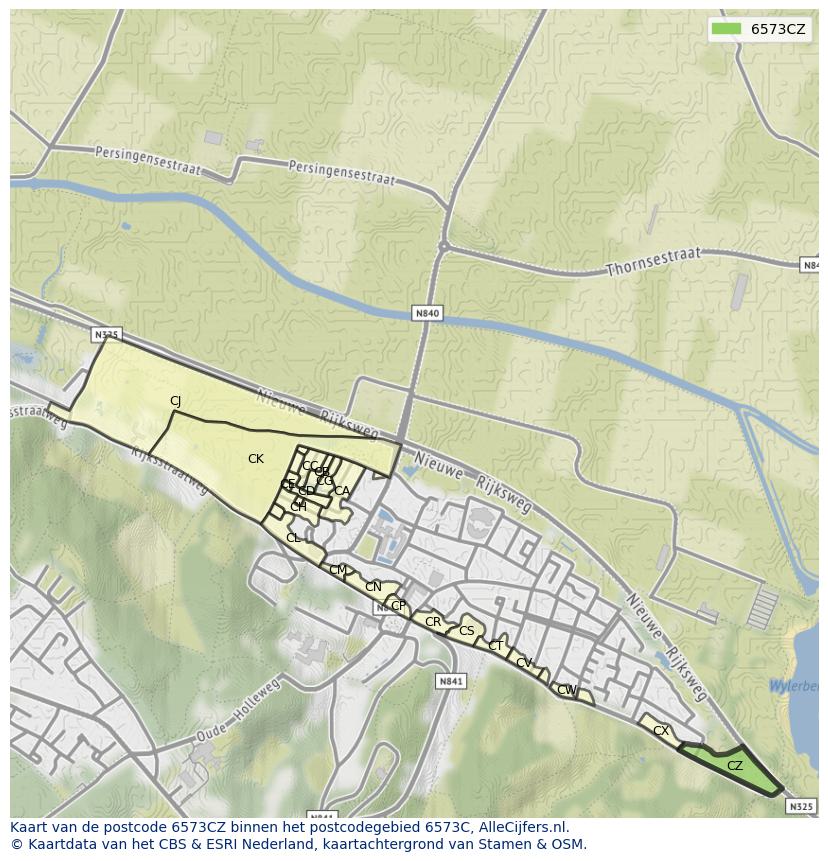 Afbeelding van het postcodegebied 6573 CZ op de kaart.