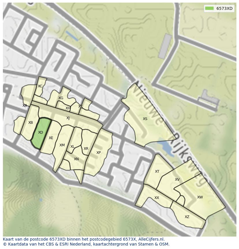 Afbeelding van het postcodegebied 6573 XD op de kaart.
