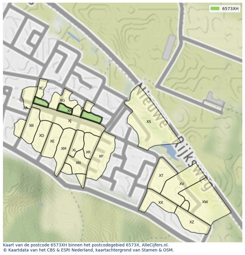 Afbeelding van het postcodegebied 6573 XH op de kaart.
