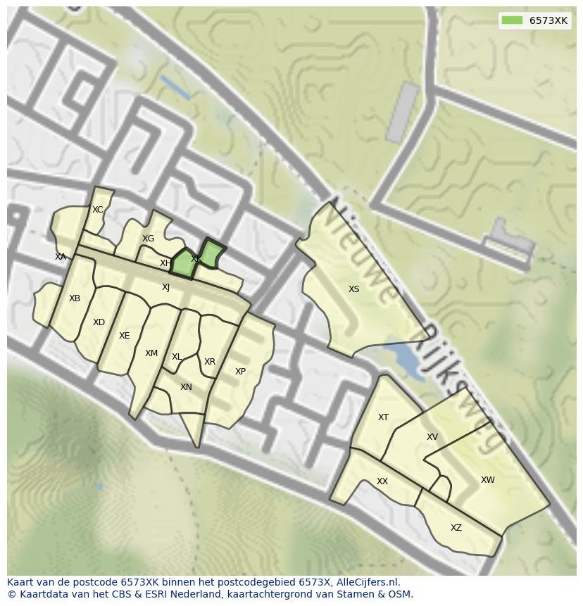 Afbeelding van het postcodegebied 6573 XK op de kaart.