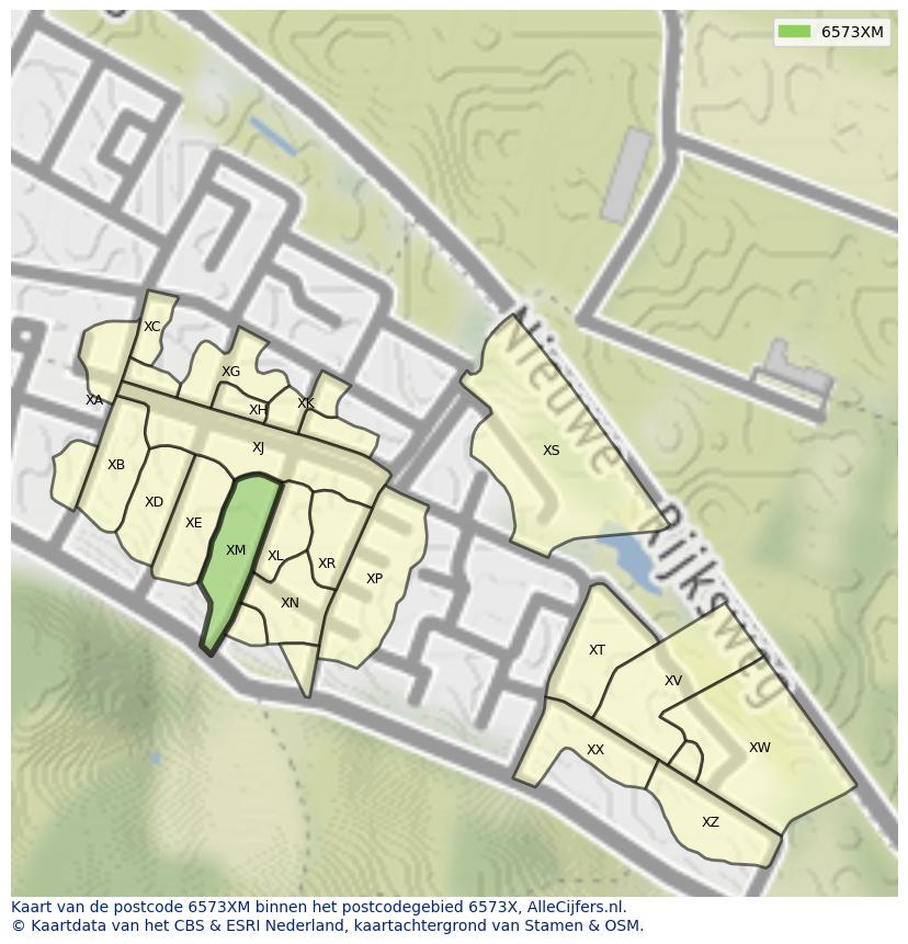Afbeelding van het postcodegebied 6573 XM op de kaart.