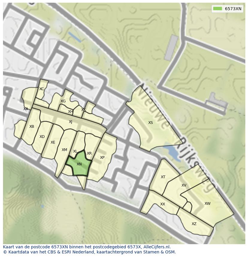Afbeelding van het postcodegebied 6573 XN op de kaart.