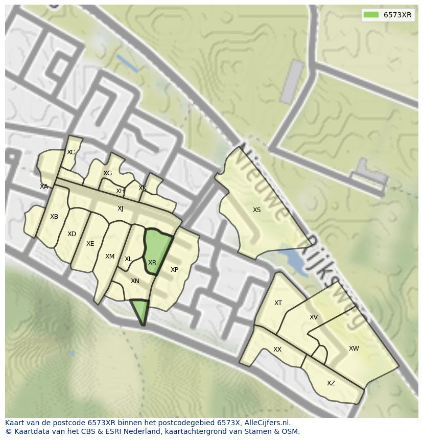 Afbeelding van het postcodegebied 6573 XR op de kaart.