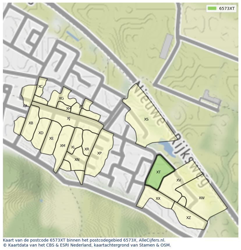 Afbeelding van het postcodegebied 6573 XT op de kaart.