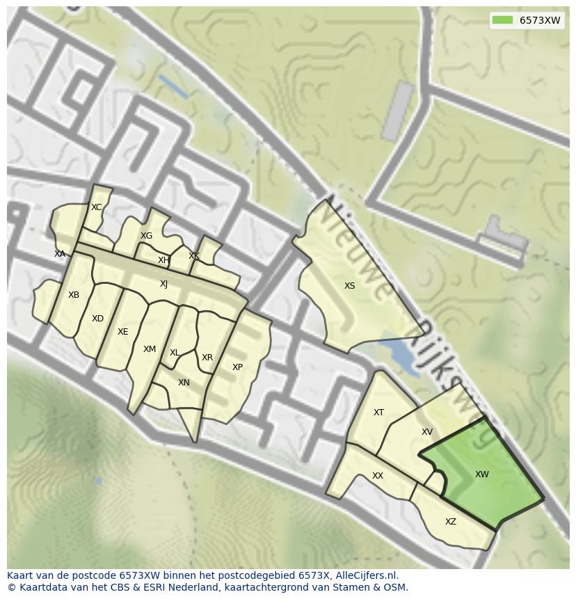 Afbeelding van het postcodegebied 6573 XW op de kaart.
