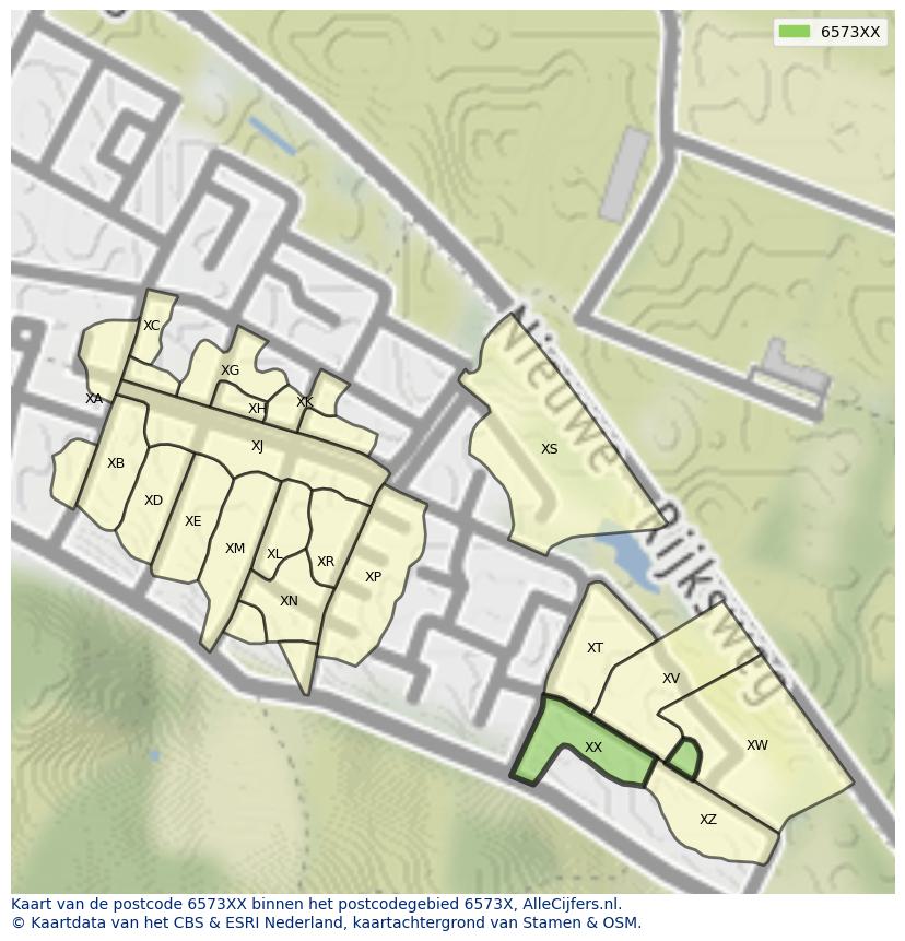 Afbeelding van het postcodegebied 6573 XX op de kaart.