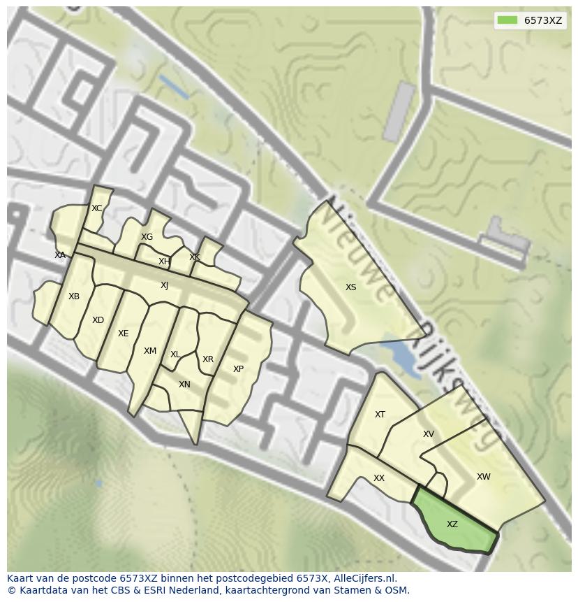 Afbeelding van het postcodegebied 6573 XZ op de kaart.