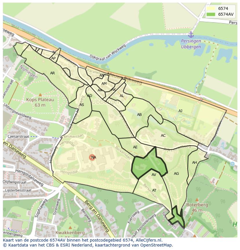 Afbeelding van het postcodegebied 6574 AV op de kaart.