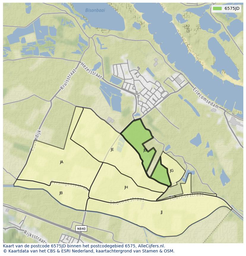 Afbeelding van het postcodegebied 6575 JD op de kaart.