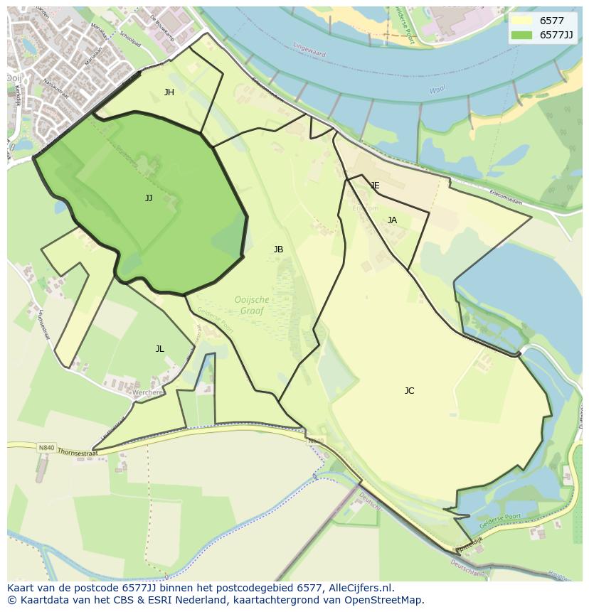 Afbeelding van het postcodegebied 6577 JJ op de kaart.
