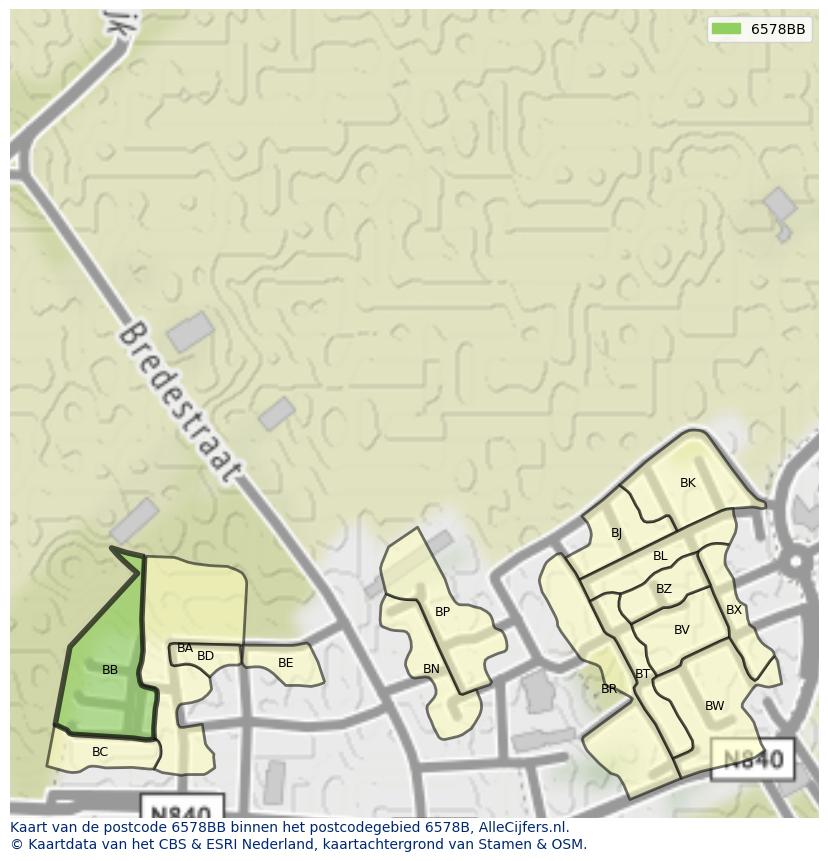 Afbeelding van het postcodegebied 6578 BB op de kaart.