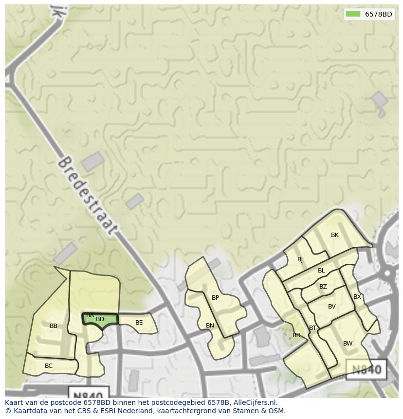 Afbeelding van het postcodegebied 6578 BD op de kaart.