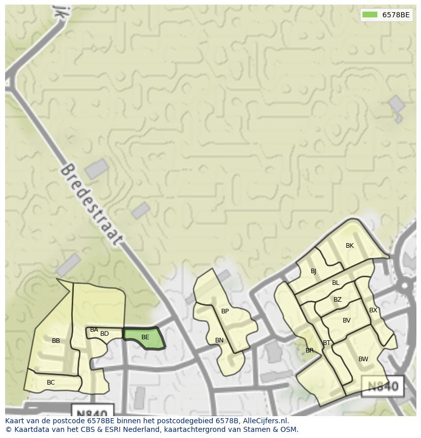 Afbeelding van het postcodegebied 6578 BE op de kaart.