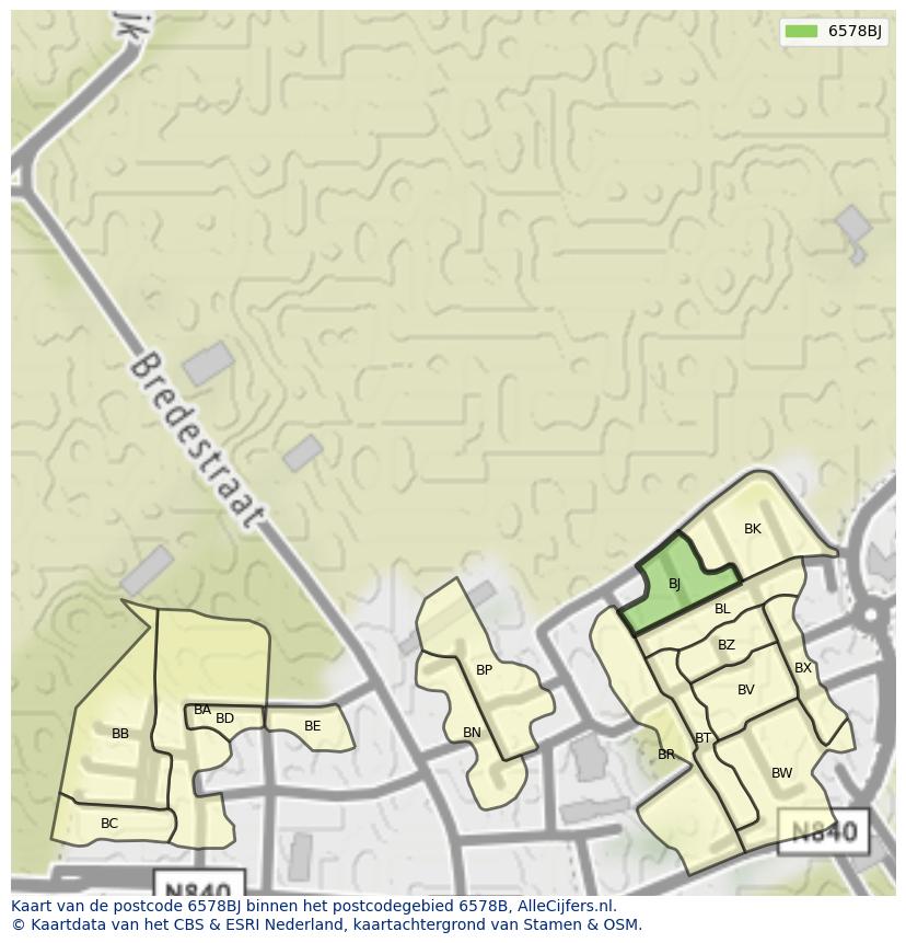 Afbeelding van het postcodegebied 6578 BJ op de kaart.