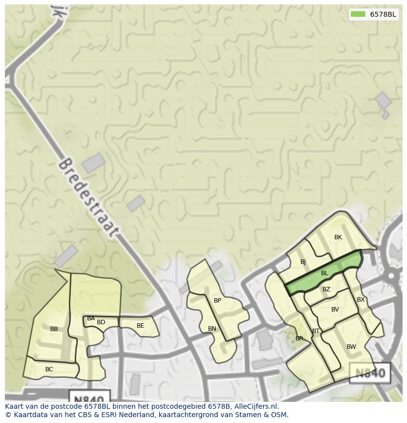 Afbeelding van het postcodegebied 6578 BL op de kaart.