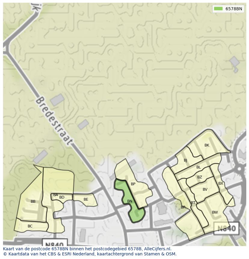Afbeelding van het postcodegebied 6578 BN op de kaart.