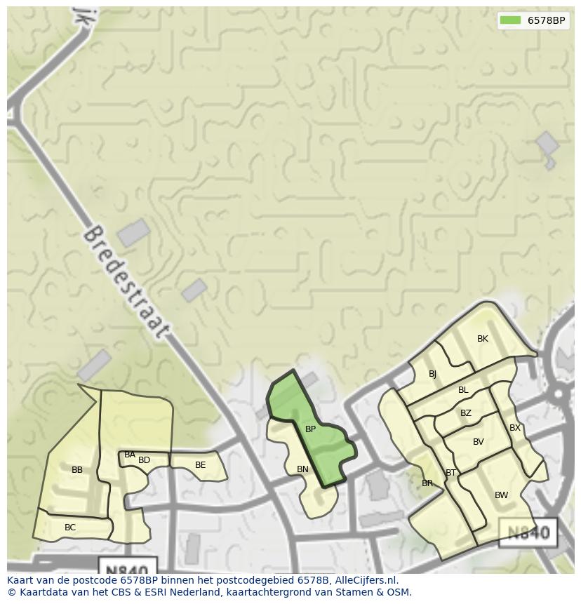 Afbeelding van het postcodegebied 6578 BP op de kaart.