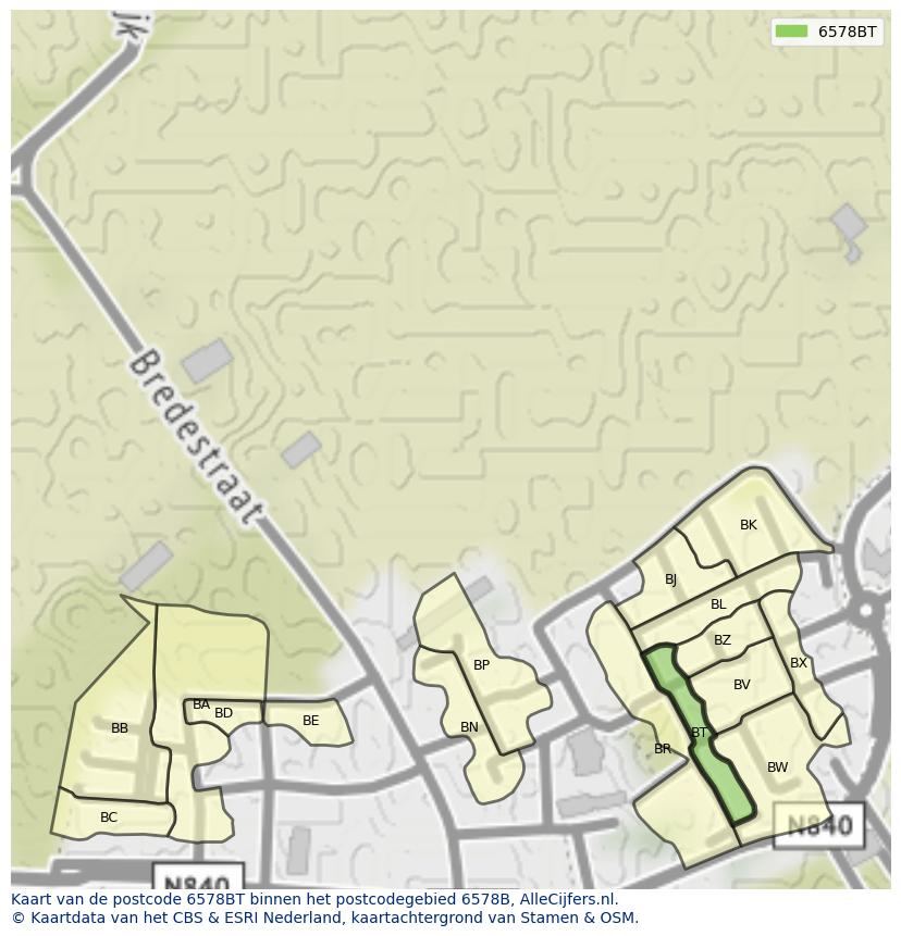 Afbeelding van het postcodegebied 6578 BT op de kaart.