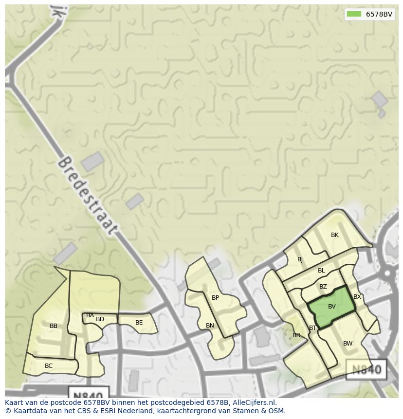 Afbeelding van het postcodegebied 6578 BV op de kaart.