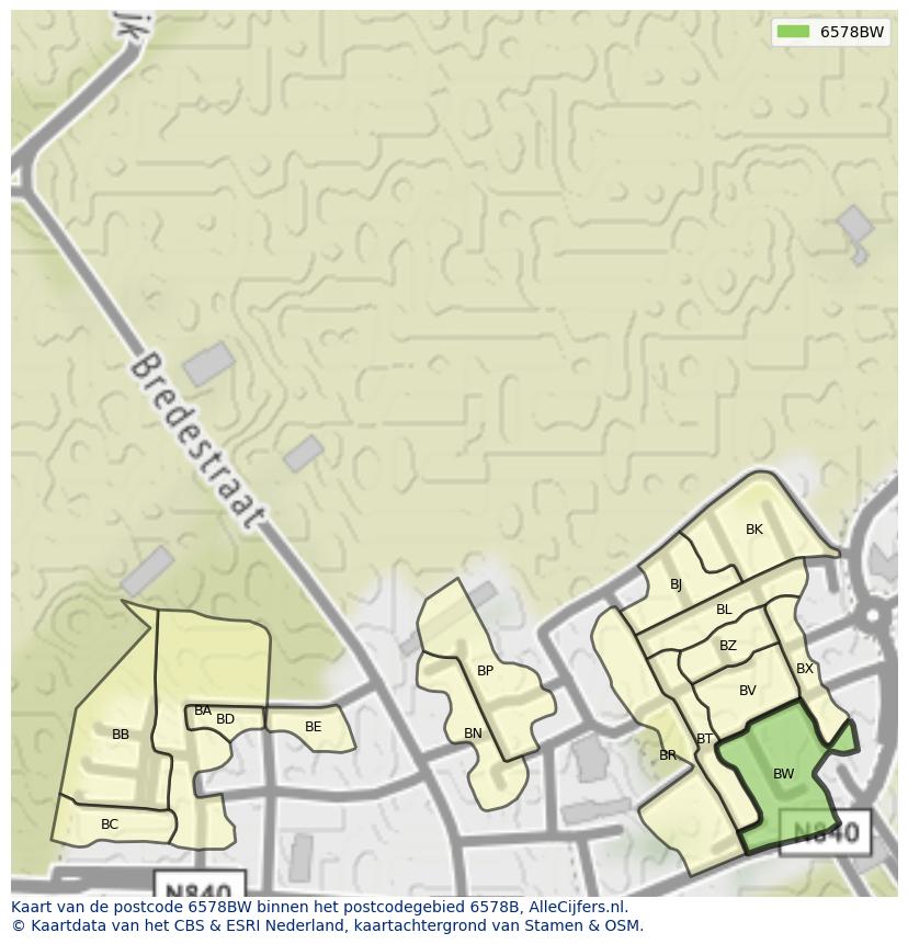 Afbeelding van het postcodegebied 6578 BW op de kaart.