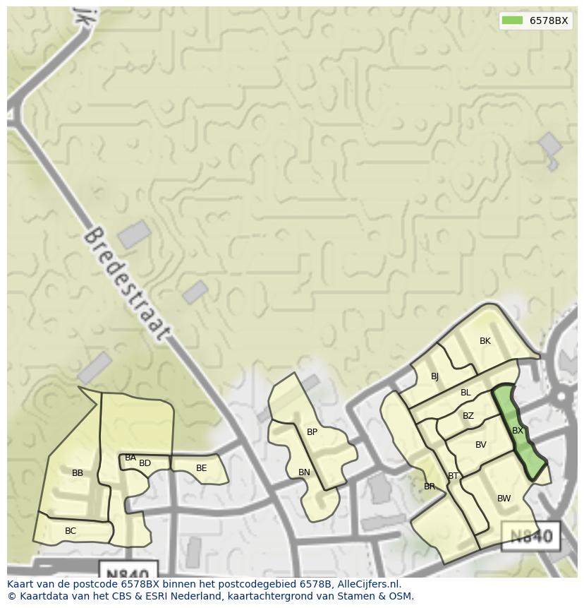 Afbeelding van het postcodegebied 6578 BX op de kaart.
