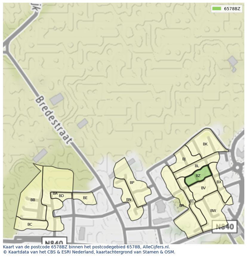 Afbeelding van het postcodegebied 6578 BZ op de kaart.