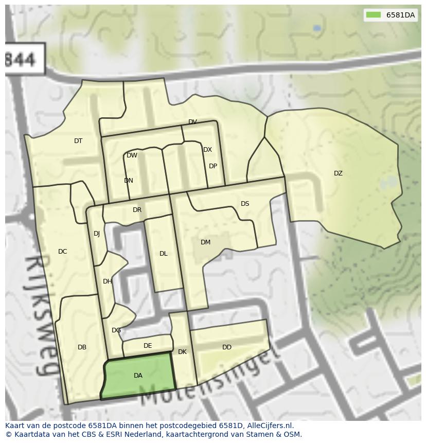 Afbeelding van het postcodegebied 6581 DA op de kaart.