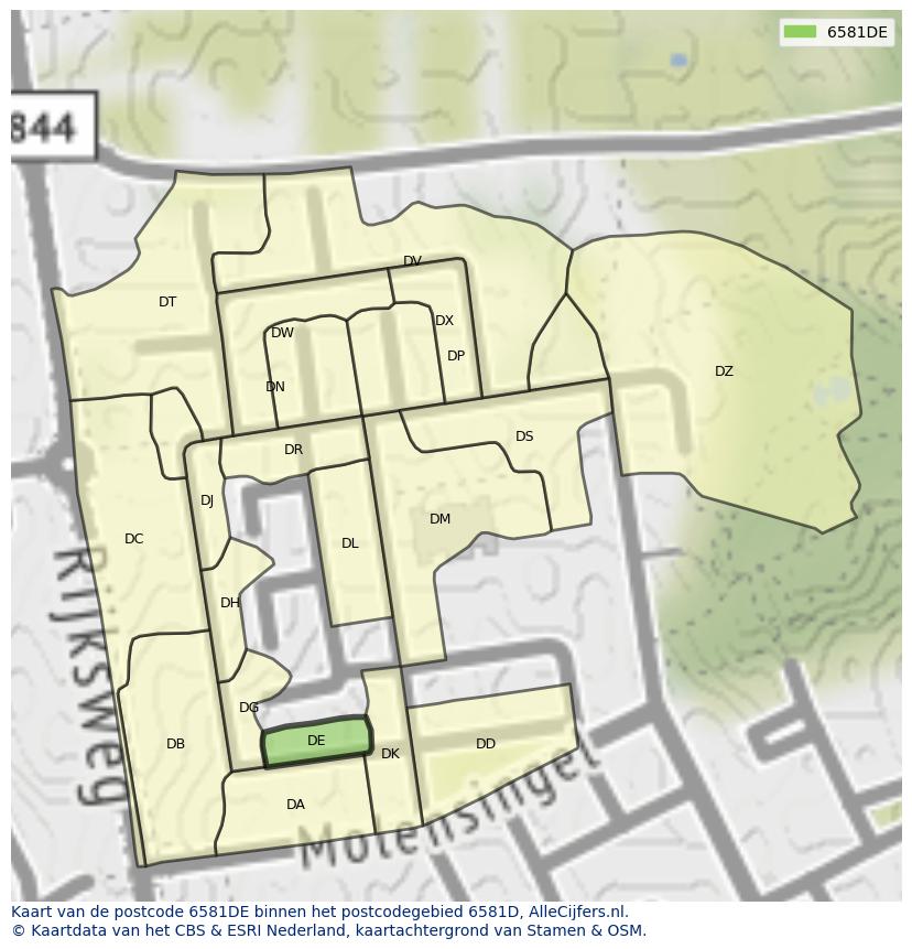 Afbeelding van het postcodegebied 6581 DE op de kaart.